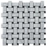Carrara Marble Italian White Bianco Carrera Basketweave Mosaic Tile with Negro Marquina Black Dots Polished - Tilefornia