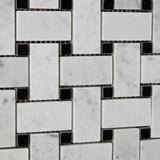 Carrara Marble Italian White Bianco Carrera Basketweave Mosaic Tile with Negro Marquina Black Dots Polished - Tilefornia