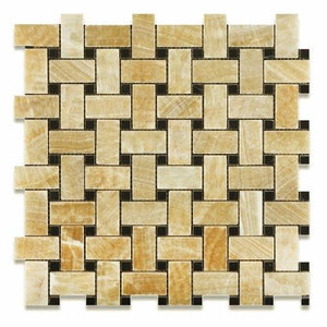 Honey Onyx Basketweave Mosaic Tile with Black Marble Dots, Polished (Lot of 50 sq. ft.) - Tilefornia
