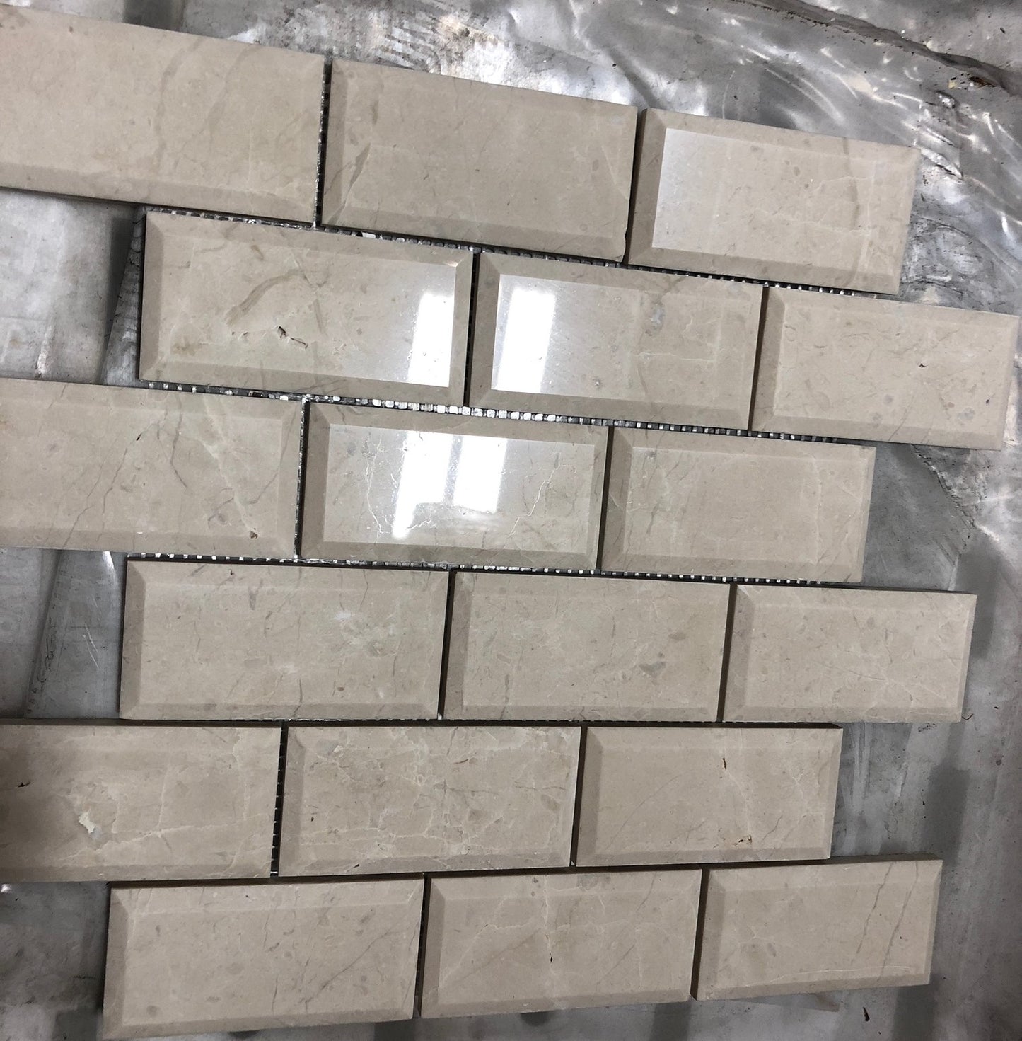 Botticino Marble 2X4 Deep-Beveled Polished Brick Mosaic Tile - Tilefornia