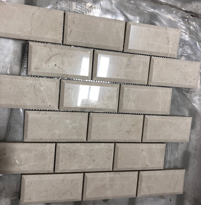 Botticino Marble 2X4 Deep-Beveled Polished Brick Mosaic Tile - Tilefornia