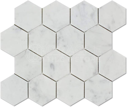 Tilefornia Italian Carrara White Marble 3" Hexagon Mosaic Tile Polished/Honed - Tilefornia