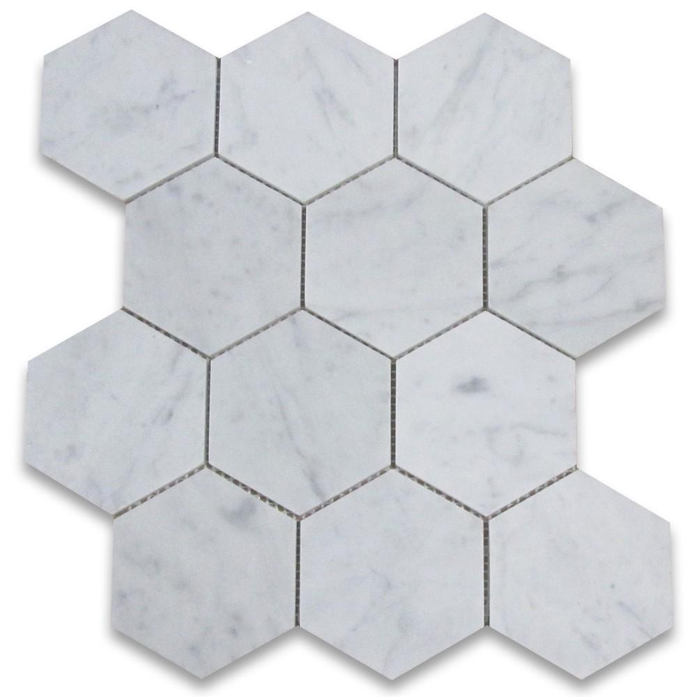 Tilefornia Italian Carrara White Marble 5" Hexagon Mosaic Tile Polished/Honed - Tilefornia