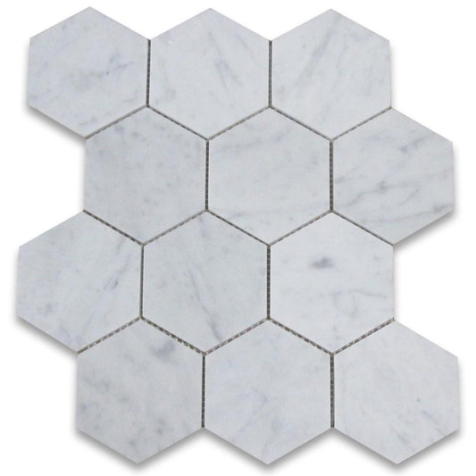 Tilefornia Italian Carrara White Marble 5" Hexagon Mosaic Tile Polished/Honed - Tilefornia