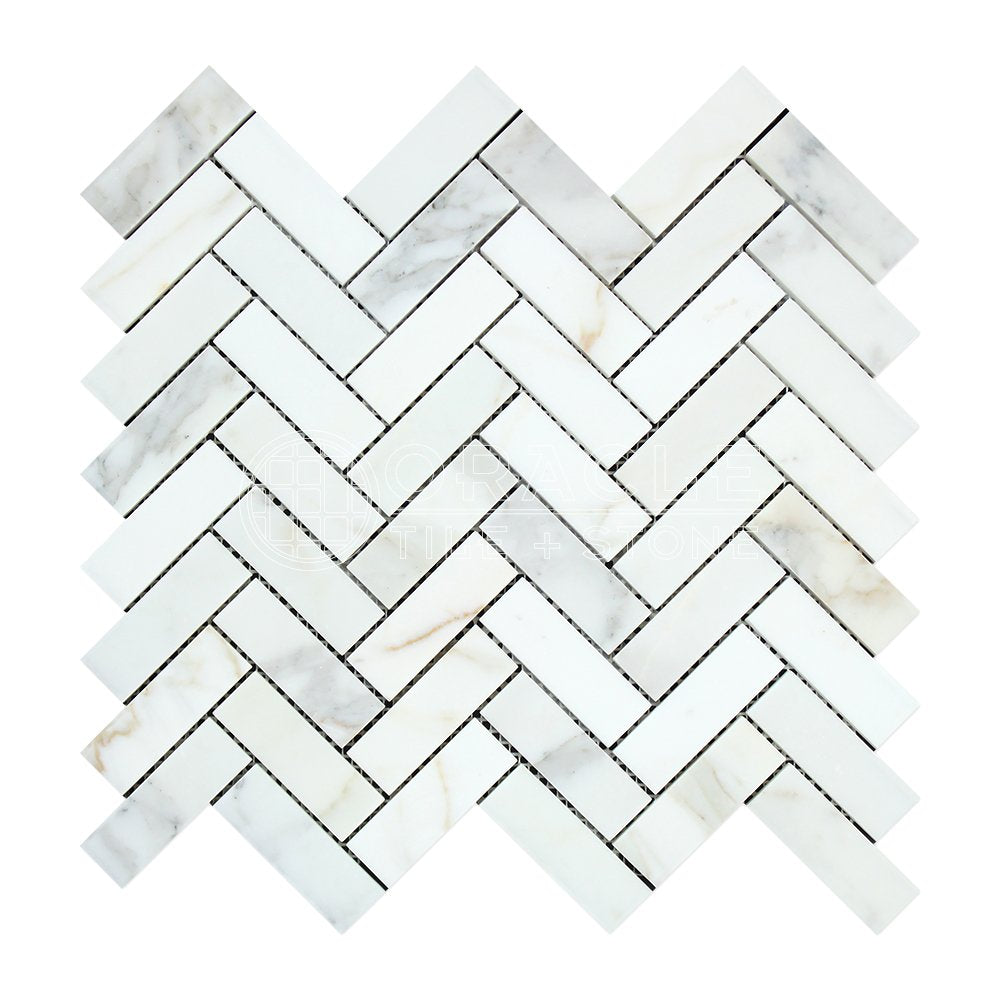 Calacatta Gold (Italian Calcutta) Marble 1 X 3 Herringbone Mosaic Tile, Honed - Tilefornia