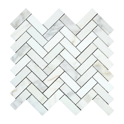 White Calacatta Gold Marble Herringbone Mosaic Tile 1x3, Polished