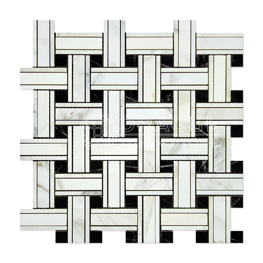 Calacatta Gold (Italian Calcutta) Marble Triple-Weave Mosaic Tile (with Black Marble Dots, Honed) - Tilefornia