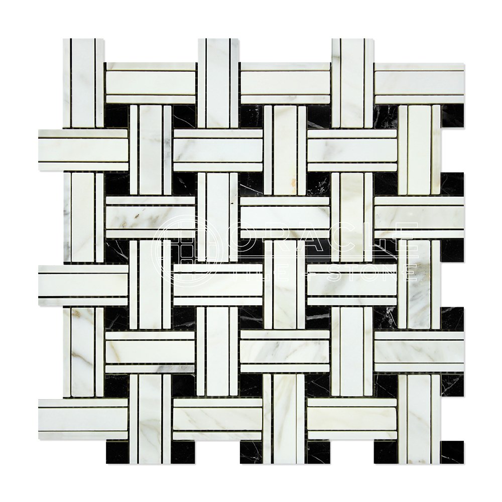 Calacatta Gold (Italian Calcutta) Marble Triple-Weave Mosaic Tile (with Black Marble Dots, Polished) - Tilefornia