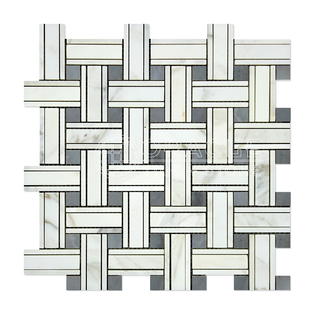 Calacatta Gold (Italian Calcutta) Marble Triple-Weave Mosaic Tile (with Blue & Gray Marble Dots, Polished) - Tilefornia