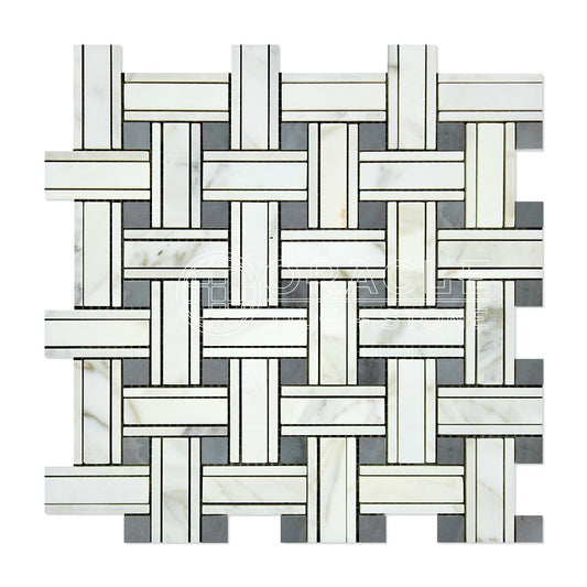 Calacatta Gold (Italian Calcutta) Marble Triple-Weave Mosaic Tile (with Blue & Gray Marble Dots, Polished) - Tilefornia