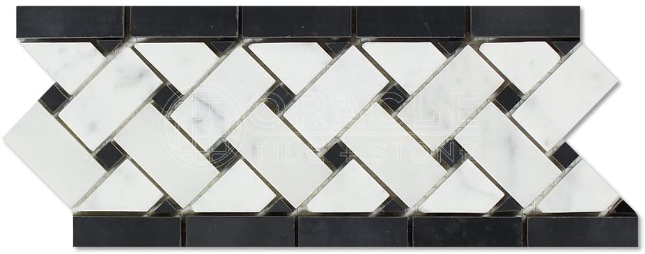 Carrara White Italian (Bianco Carrara) Marble Basketweave Border Mosaic Tile with Black Marble Dots, Polished - Tilefornia