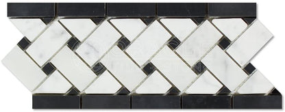 Carrara White Italian (Bianco Carrara) Marble Basketweave Border Mosaic Tile with Black Marble Dots, Polished - Tilefornia