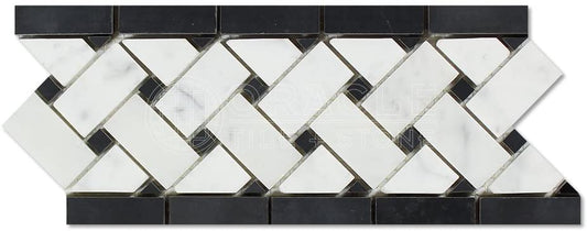 Carrara White Italian (Bianco Carrara) Marble Basketweave Border Mosaic Tile with Black Marble Dots, Polished - Tilefornia