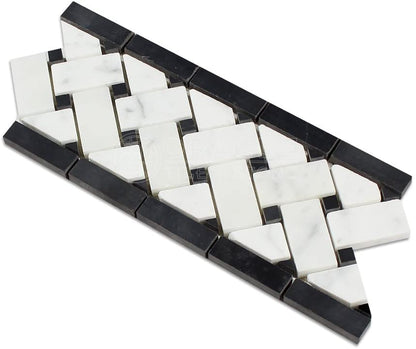 Carrara White Italian (Bianco Carrara) Marble Basketweave Border Mosaic Tile with Black Marble Dots, Polished - Tilefornia