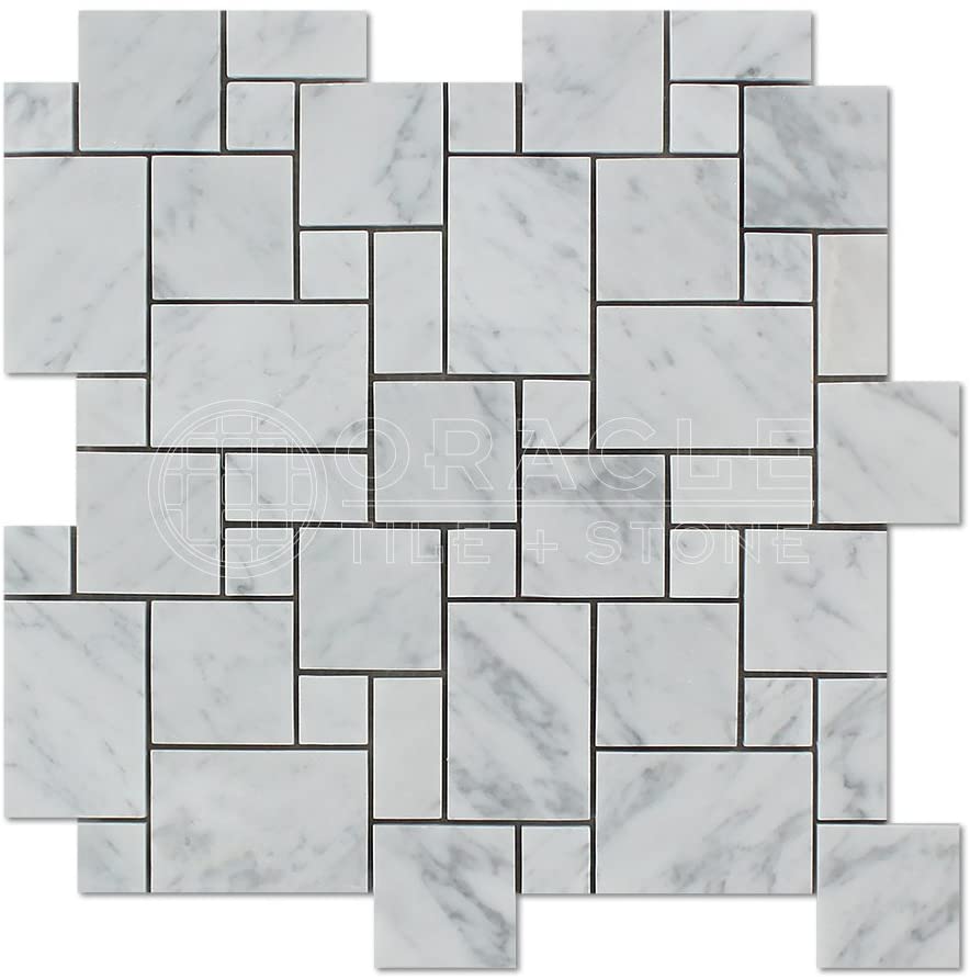 Carrara White Italian (Bianco Carrara) Marble Mini-Versailles Pattern Mosaic Tile, Polished - Tilefornia