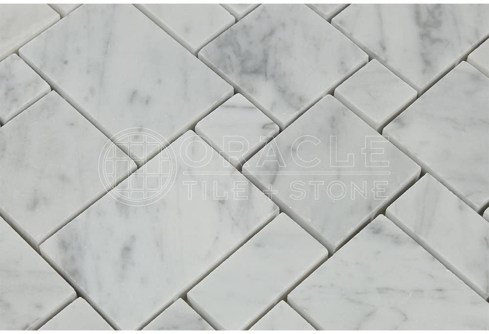 Carrara White Italian (Bianco Carrara) Marble Mini-Versailles Pattern Mosaic Tile, Polished - Tilefornia