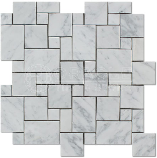 Carrara White Italian (Bianco Carrara) Marble Mini-Versailles Pattern Mosaic Tile, Honed - Tilefornia