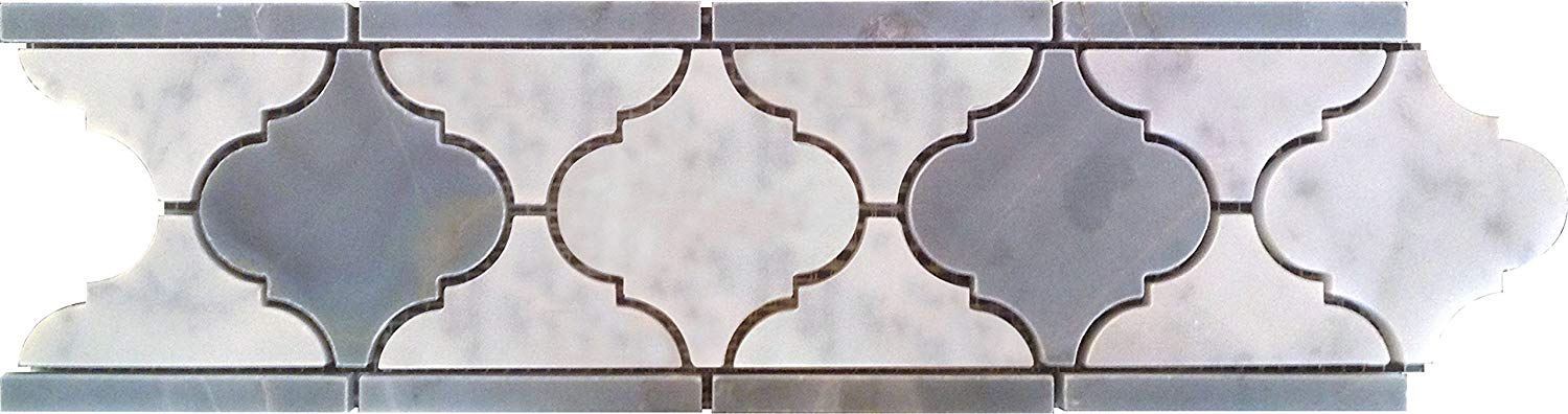 Carrara White Italian Carrera Marble Medium Lantern Shaped Arabesque Baroque Mosaic Border 4'' X 12'' Pack of 15 - Tilefornia