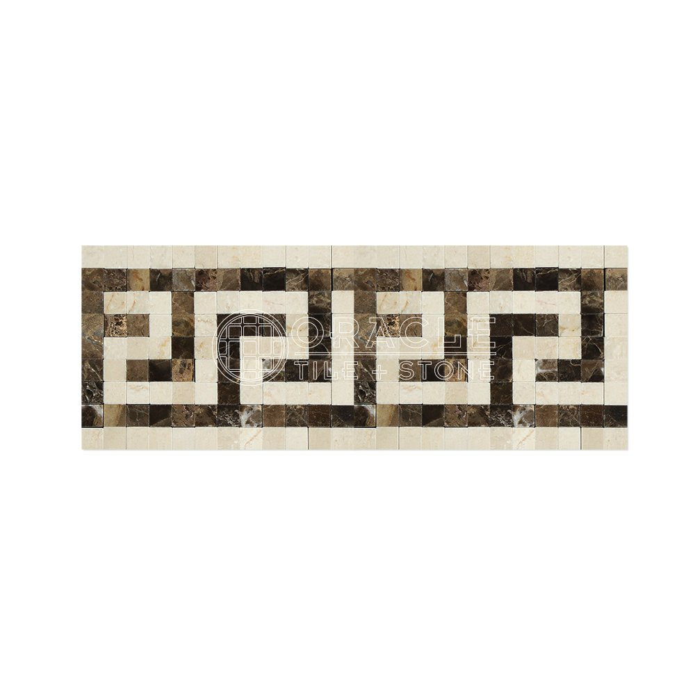 Crema Marfil Spanish Marble Greek Key Border with Emperador Dark Marble, Polished - Tilefornia