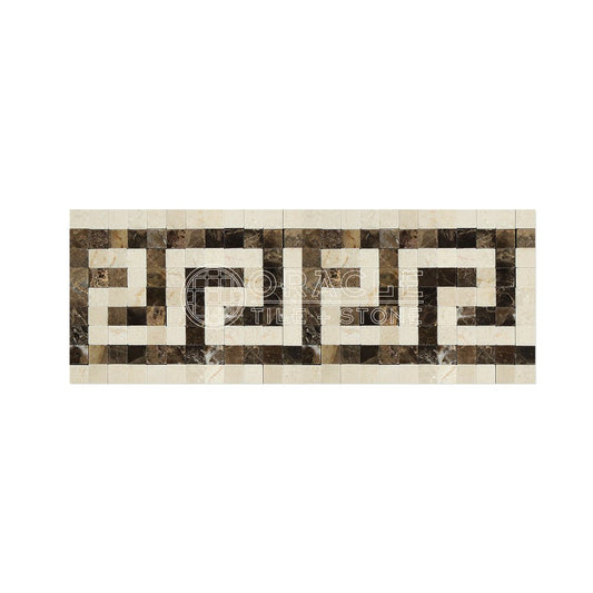 Crema Marfil Spanish Marble Greek Key Border with Emperador Dark Marble, Polished - Tilefornia