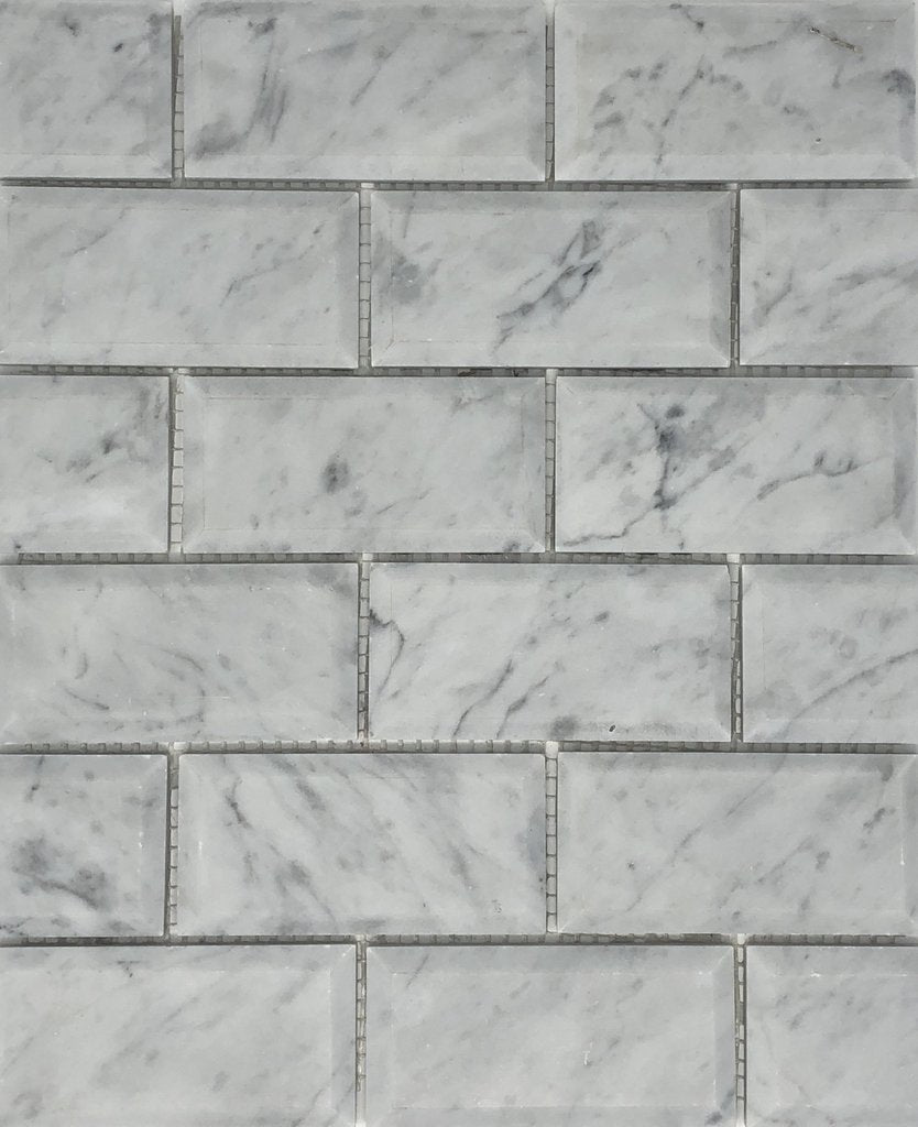 Tilefornia Italian Carrara White Marble 2" X 4" Brick Deep Beveled  Mosaic Tile Polished/Honed - Tilefornia
