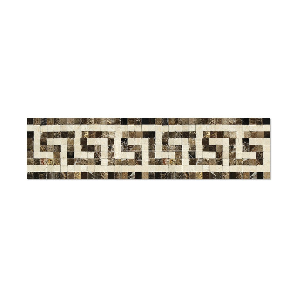 Emperador Dark Spanish Marble Greek Key Border with Crema Marfil Marble, Polished - Tilefornia