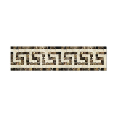 Dark Emperador Marble Greek Key Border with Crema Marfil Marble, Polished