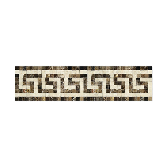Emperador Dark Spanish Marble Greek Key Border with Crema Marfil Marble, Polished - Tilefornia
