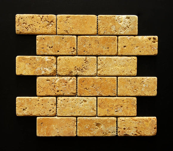 Gold Yellow Tumble Travertine 2x4 Tiles on 12x12 sheets for Backsplash, Shower Walls, Bathroom Floors - Tilefornia