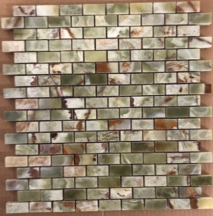 Multi Green Onyx Polished 5/8" X 1 1/8" Mini Brick Mosaic Tile on Mesh - 6" X 6" Sample - Tilefornia