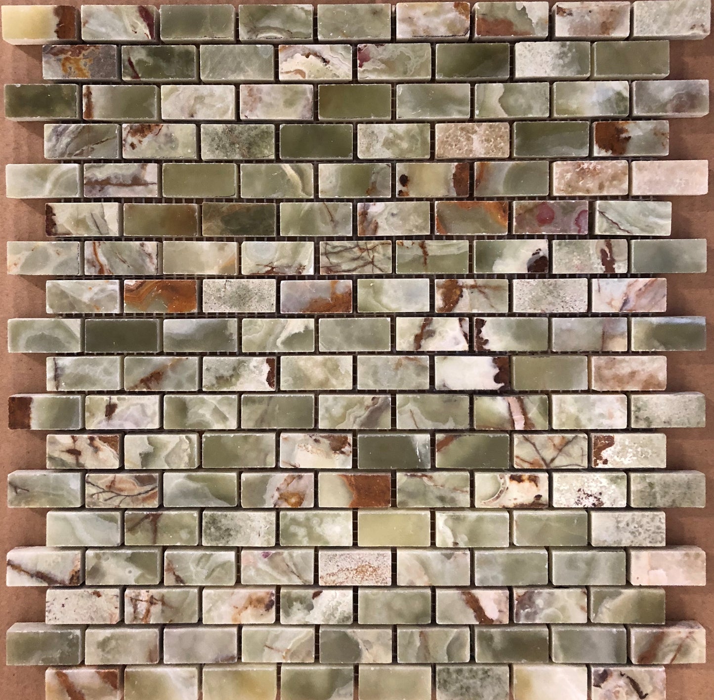 Multi Green Onyx Polished 5/8" X 1 1/8" Mini Brick Mosaic Tile on Mesh - Box of 5 sq. ft. - Tilefornia