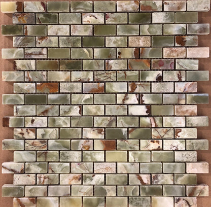 Multi Green Onyx Polished 5/8" X 1 1/8" Mini Brick Mosaic Tile on Mesh - Box of 5 sq. ft. - Tilefornia