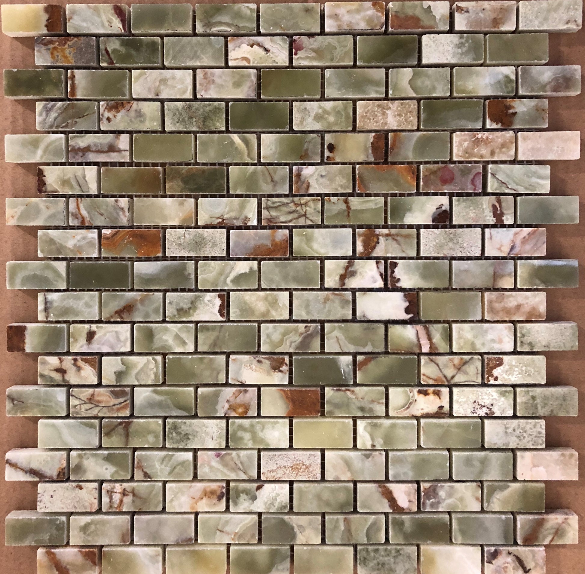 Multi Green Onyx Polished 5/8" X 1 1/8" Mini Brick Mosaic Tile on Mesh - Lot of 50 sq. ft. - Tilefornia