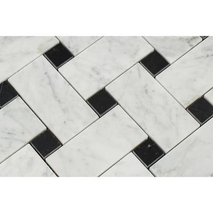 Carrara White Italian (Bianco Carrara) Marble Large Basketweave Mosaic Tile with Black Marble Dots, Polished - Tilefornia
