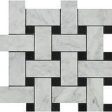 Carrara White Italian (Bianco Carrara) Marble Large Basketweave Mosaic Tile with Black Marble Dots, Polished - Tilefornia