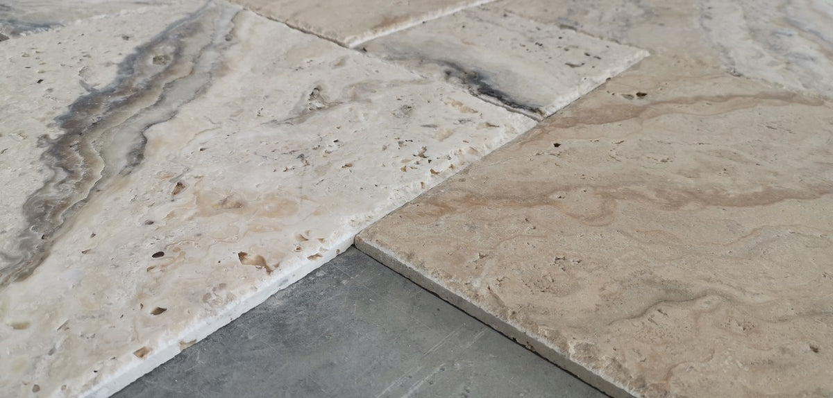 Philadelphia Travertine Versailles French Pattern Tiles, Brushed and Chiseled (Lot of 416 Sq. Ft.) - Tilefornia