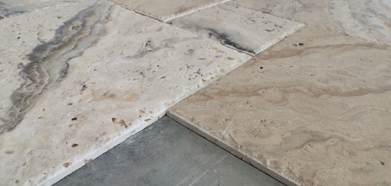 Philadelphia Travertine Versailles French Pattern Tiles, Brushed and Chiseled (Lot of 416 Sq. Ft.) - Tilefornia