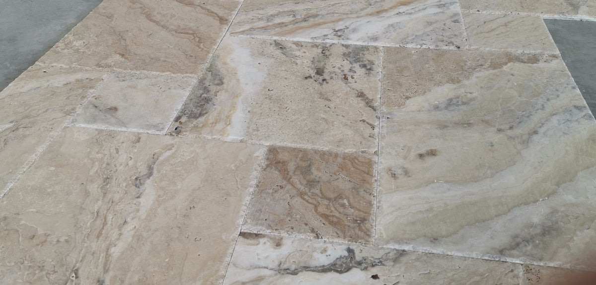 Philadelphia Travertine Versailles French Pattern Tiles, Brushed and Chiseled (Lot of 416 Sq. Ft.) - Tilefornia