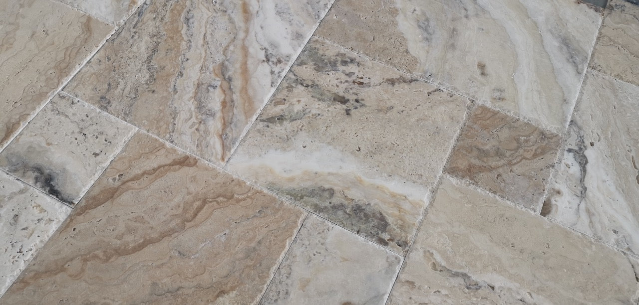 Philadelphia Travertine Versailles French Pattern Tiles, Brushed and Chiseled (Lot of 416 Sq. Ft.) - Tilefornia