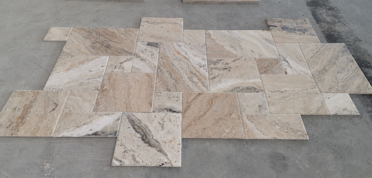 Philadelphia Travertine Versailles French Pattern Tiles, Brushed and Chiseled (Lot of 416 Sq. Ft.) - Tilefornia