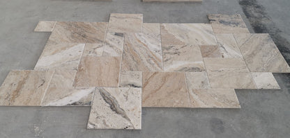 Philadelphia Travertine Versailles French Pattern Tiles, Brushed and Chiseled (Lot of 416 Sq. Ft.) - Tilefornia