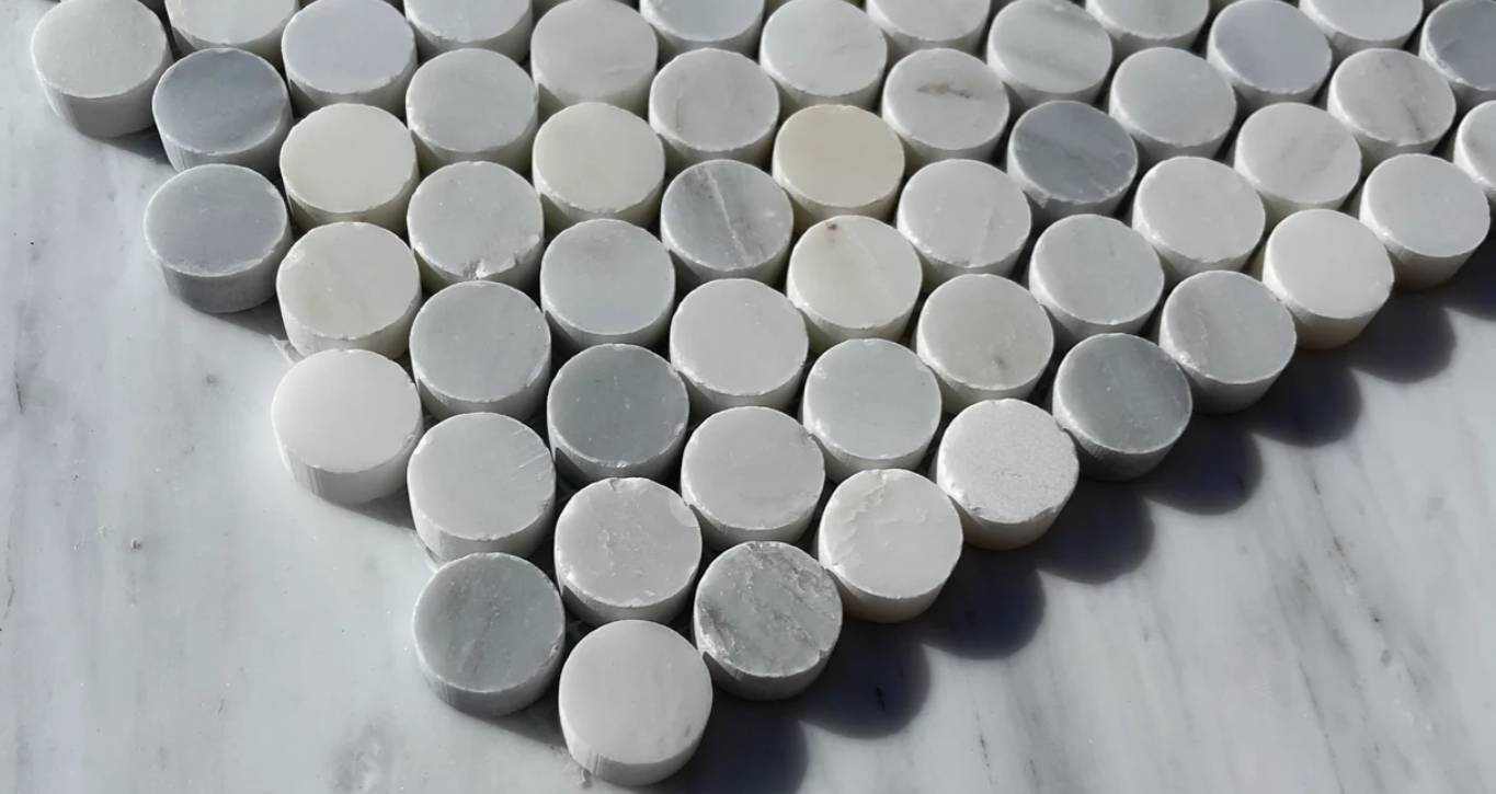 Oriental White (Eastern White) Marble Penny Round Mosaic Tile - Tilefornia