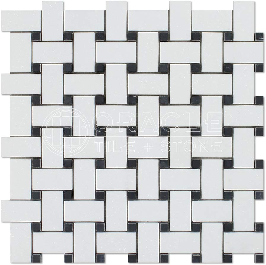 Tilefornia Thassos White & Black Marble Basketweave Mosaic - Tilefornia