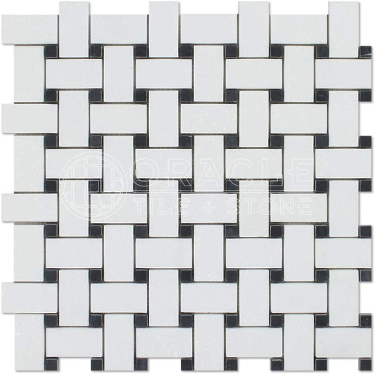 Tilefornia Thassos White & Black Marble Basketweave Mosaic - Tilefornia