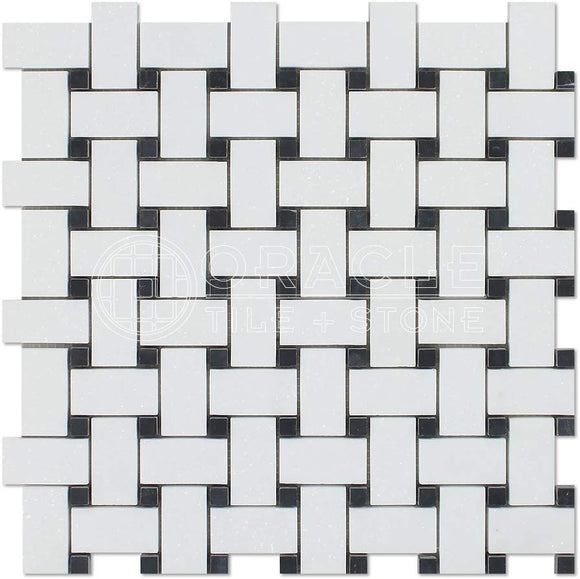 Tilefornia Thassos White & Black Marble Basketweave Mosaic - Tilefornia