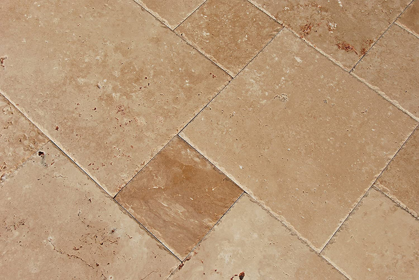 Warm Walnut Travertine Versailles French Pattern Premium Quality Field Tiles, Brushed and Chiseled (2 pcs. of 8"X16") - Tilefornia