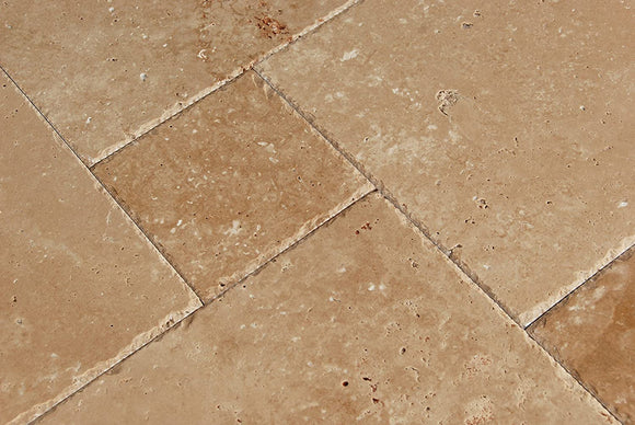 Warm Walnut Travertine Versailles French Pattern Premium Quality Field Tiles, Brushed and Chiseled (Small Sample) - Tilefornia