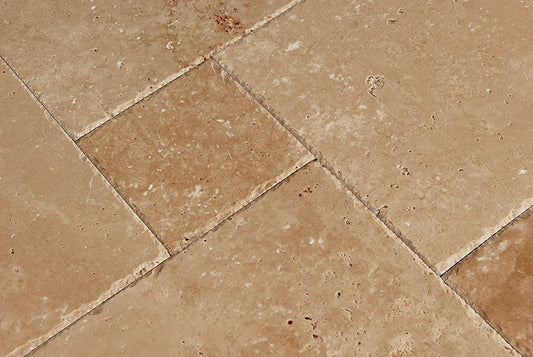 Warm Walnut Travertine Versailles French Pattern Premium Quality Field Tiles, Brushed and Chiseled (LOT of 88 SQ. FT. ( 11 BUNDLES )) - Tilefornia