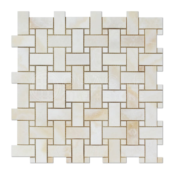 White Onyx Basketweave Mosaic Tile with White Onyx Dots, Cross-Cut, Polished - Lot of 50 Sheets - Tilefornia