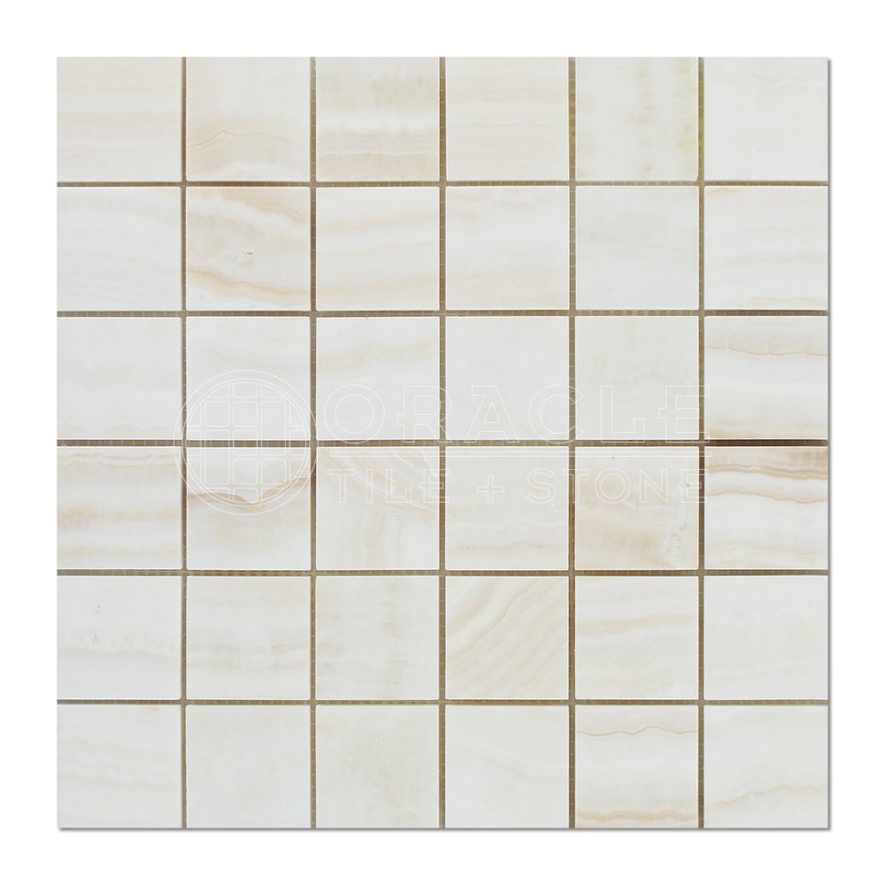 White Onyx (Bianco Fantastico) 2 X 2 Mosaic Tile, Vein-Cut, Polished - Tilefornia